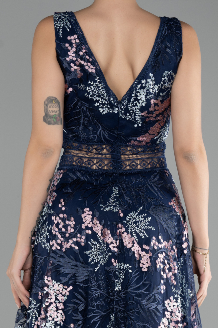 Navy Blue Sleeveless Long Embroidered Evening Dress ABU4244