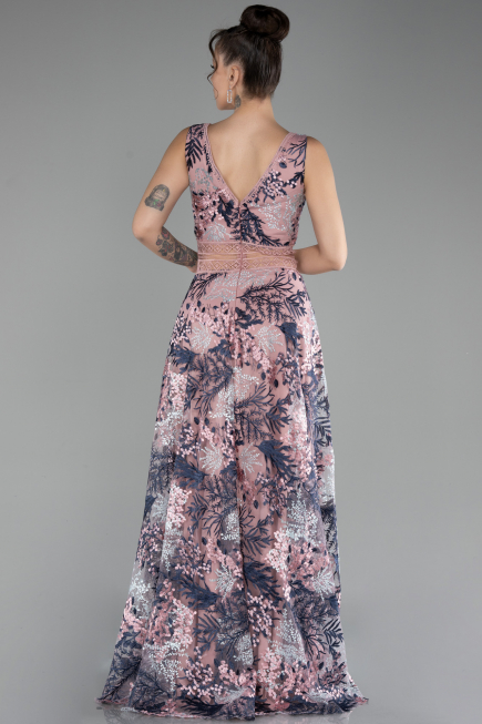 Powder Color Sleeveless Long Embroidered Evening Dress ABU4244