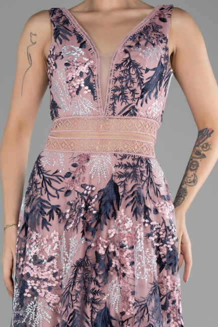 Powder Color Sleeveless Long Embroidered Evening Dress ABU4244
