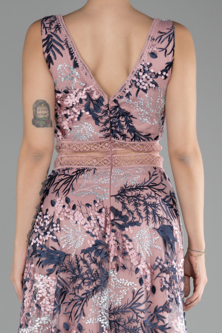 Powder Color Sleeveless Long Embroidered Evening Dress ABU4244