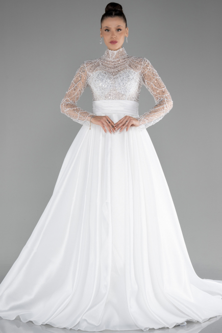 Long White Satin Wedding Dress ABU4250