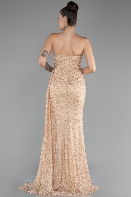 Gold Strapless Slit Beaded Long Evening Gown ABU4114