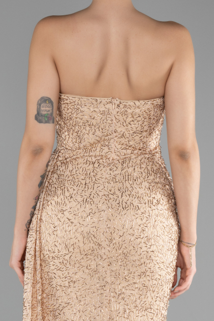 Gold Strapless Slit Beaded Long Evening Gown ABU4114