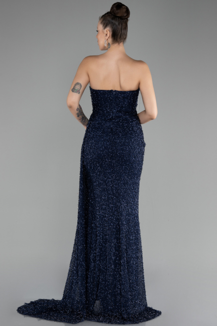 Navy Blue Strapless Slit Beaded Long Evening Gown ABU4114