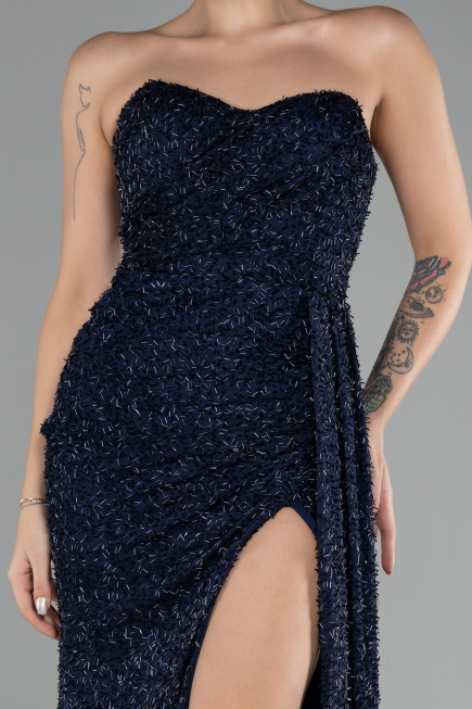 Navy Blue Strapless Slit Beaded Long Evening Gown ABU4114