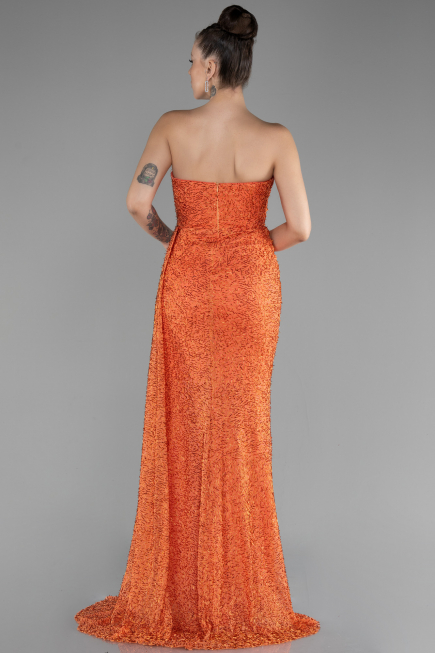 Orange Strapless Slit Beaded Long Evening Gown ABU4114