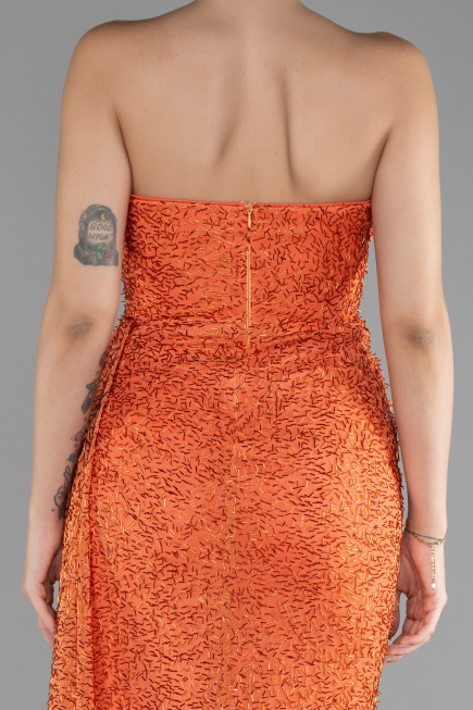 Orange Strapless Slit Beaded Long Evening Gown ABU4114