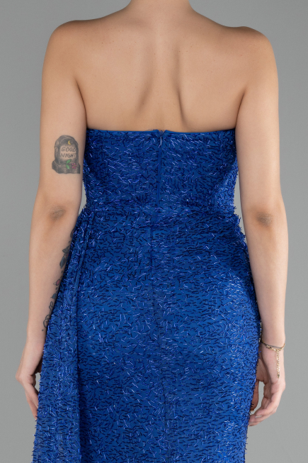 Sax Blue Strapless Slit Beaded Long Evening Gown ABU4114