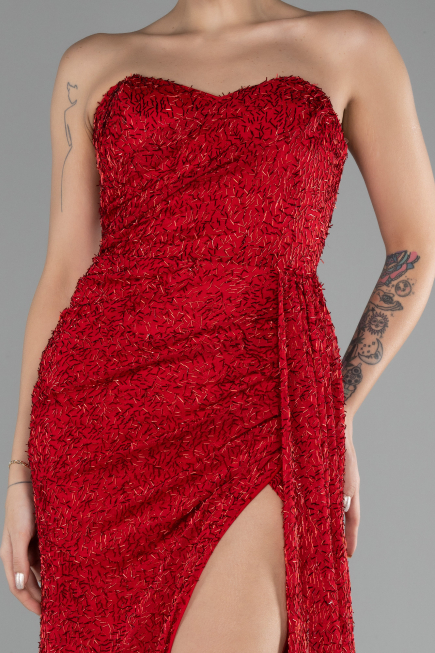Red Strapless Slit Beaded Long Evening Gown ABU4114