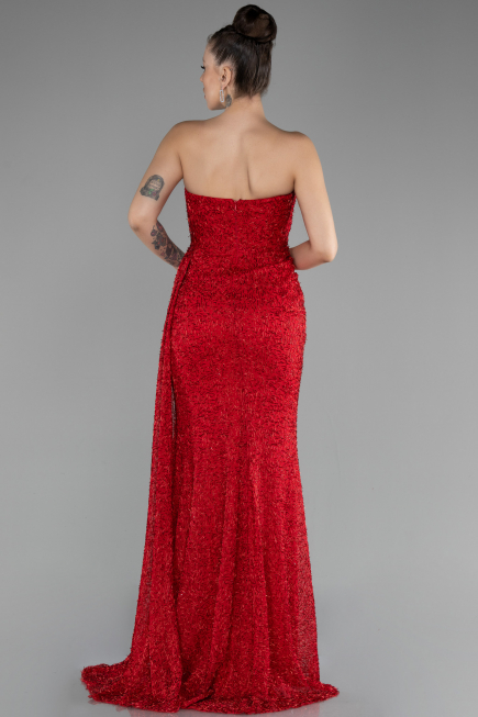 Red Strapless Slit Beaded Long Evening Gown ABU4114