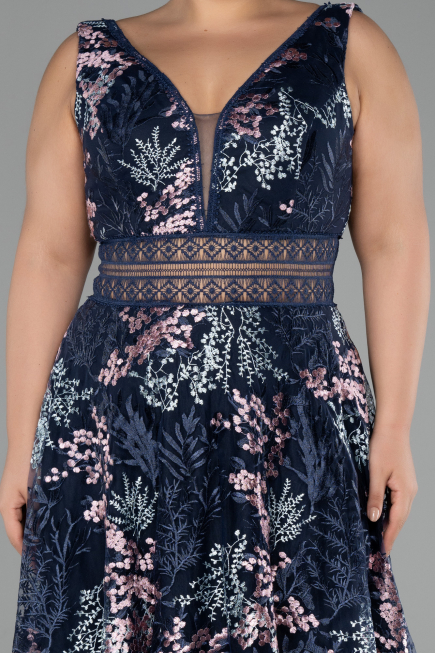 Long Navy Blue Laced Plus Size Evening Gown ABU4261