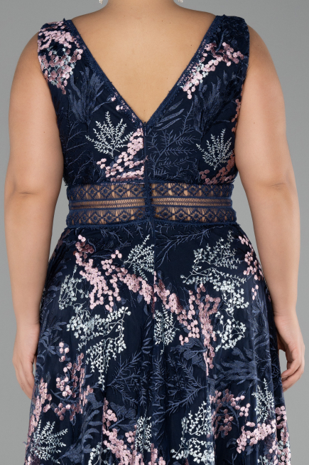 Long Navy Blue Laced Plus Size Evening Gown ABU4261