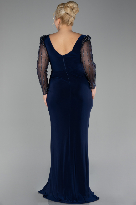 Navy Blue Stoned Long Sleeve Slit Plus Size Evening Gown ABU4119