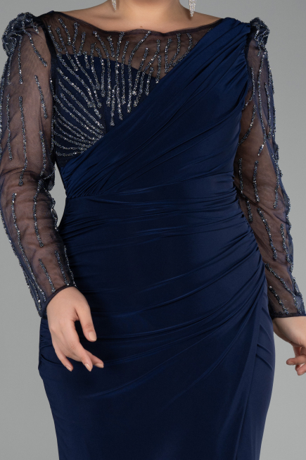 Navy Blue Stoned Long Sleeve Slit Plus Size Evening Gown ABU4119