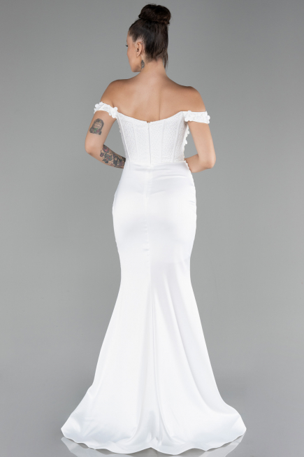 White Boat Neck Slit Long Prom Gown ABU4264