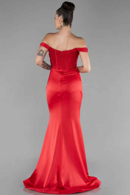 Red Boat Neck Slit Long Prom Gown ABU4264