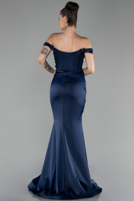 Navy Blue Boat Neck Slit Long Prom Gown ABU4264