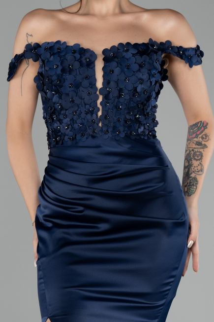 Navy Blue Boat Neck Slit Long Prom Gown ABU4264