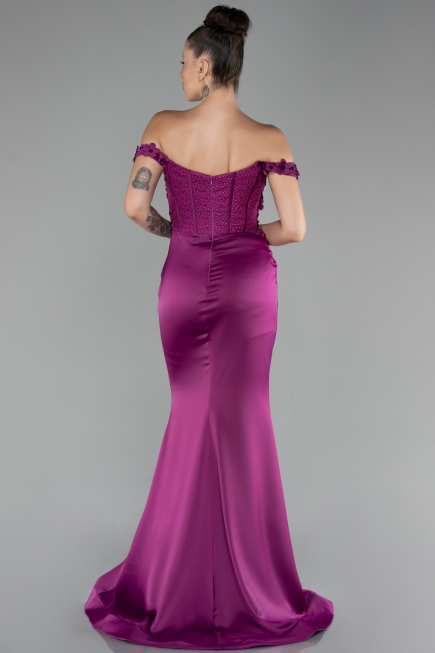Plum Boat Neck Slit Long Prom Gown ABU4264