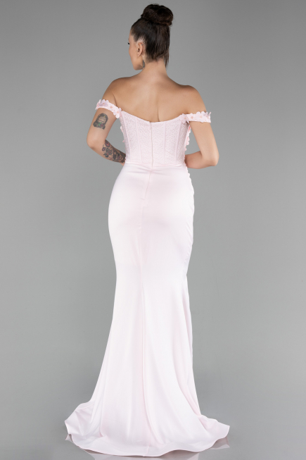 Powder Color Boat Neck Slit Long Prom Gown ABU4264