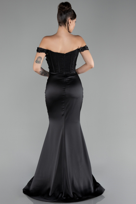 Black Boat Neck Slit Long Prom Gown ABU4264