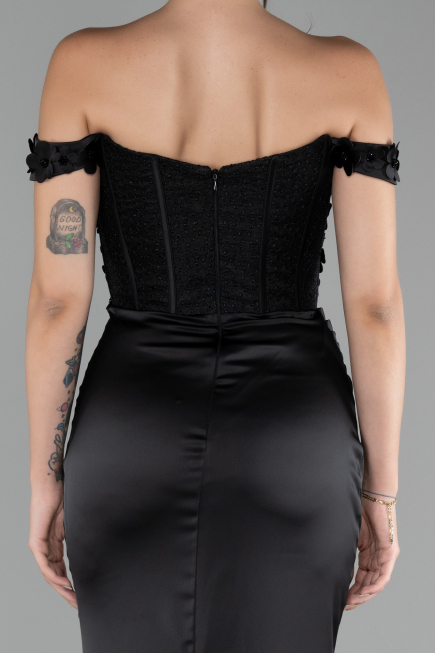 Black Boat Neck Slit Long Prom Gown ABU4264