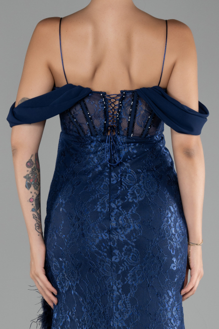 Navy Blue Slit Underwire Long Lace Evening Gown ABU4270