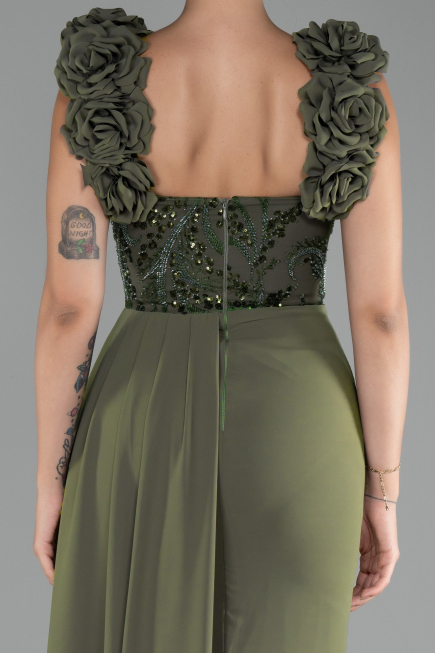 Olive Drab Slit Strap Flowers Long Chiffon Evening Gown ABU4272