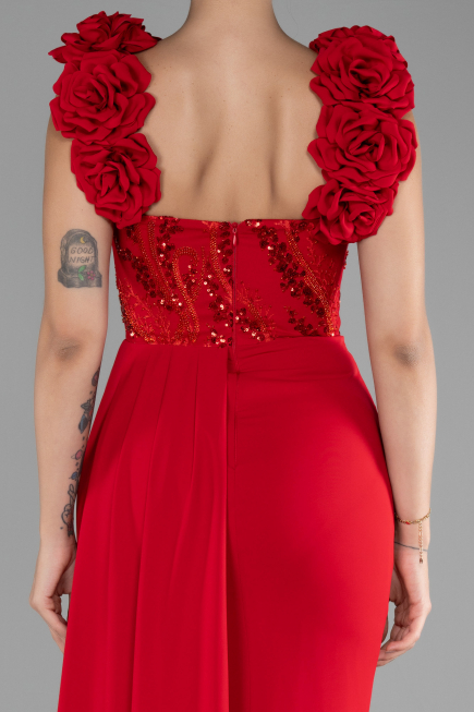 Red Slit Strap Flowers Long Chiffon Evening Gown ABU4272