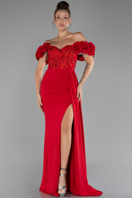 Red Slit Strap Flowers Long Chiffon Evening Gown ABU4272