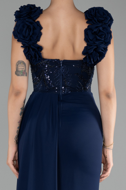 Navy Blue Slit Strap Flowers Long Chiffon Evening Gown ABU4272