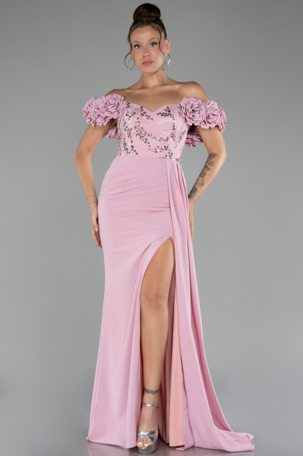 Powder Color Slit Strap Flowers Long Chiffon Evening Gown ABU4272