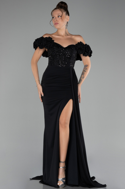 Black Slit Strap Flowers Long Chiffon Evening Gown ABU4272