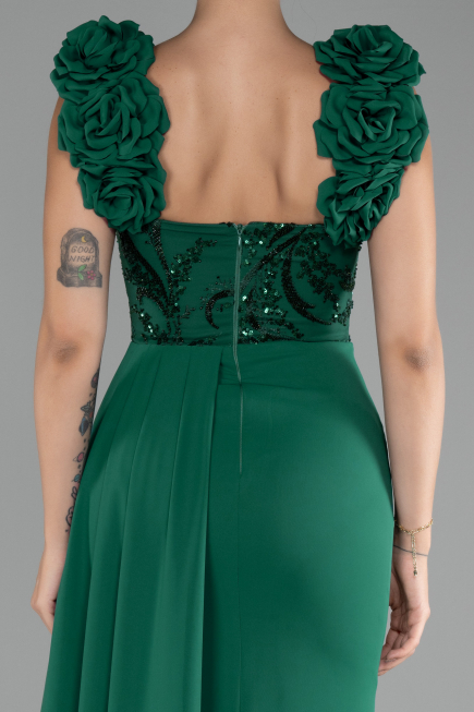 Emerald Green Slit Strap Flowers Long Chiffon Evening Gown ABU4272