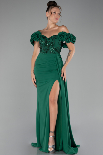 Emerald Green Slit Strap Flowers Long Chiffon Evening Gown ABU4272