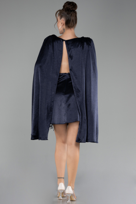 Navy Blue Cape Open Back Short Party Dress ABK2152