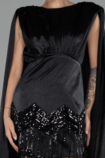 Black Cape Open Back Short Party Dress ABK2152