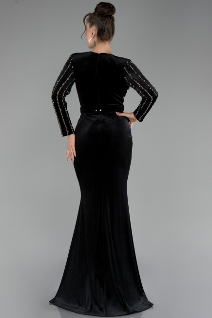 Black Stoned Long Sleeve Velvet Oversized Evening Dress ABU4277
