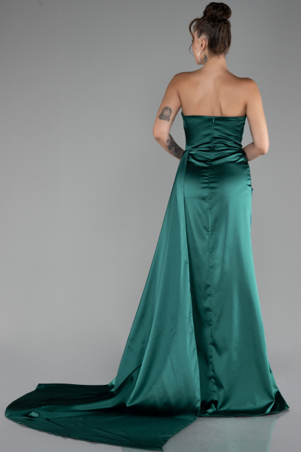 Emerald Green Strapless Slit Long Satin Prom Gown ABU4093
