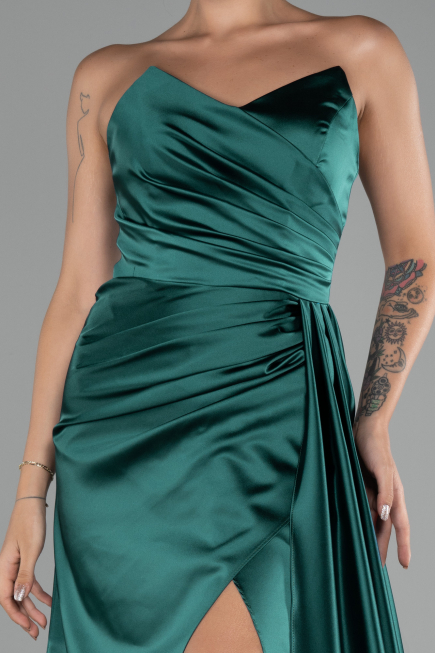 Emerald Green Strapless Slit Long Satin Prom Gown ABU4093
