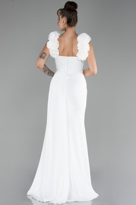 White Slit Strap Flowers Long Chiffon Evening Gown ABU4272