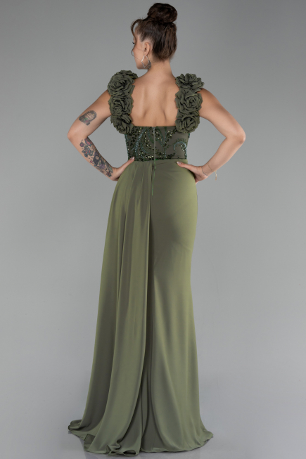 Olive Drab Slit Strap Flowers Long Chiffon Evening Gown ABU4272