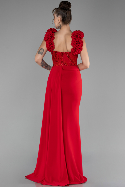 Red Slit Strap Flowers Long Chiffon Evening Gown ABU4272