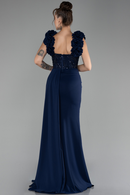 Navy Blue Slit Strap Flowers Long Chiffon Evening Gown ABU4272
