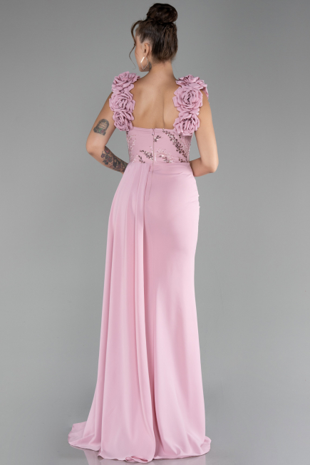 Powder Color Slit Strap Flowers Long Chiffon Evening Gown ABU4272