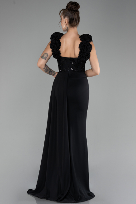 Black Slit Strap Flowers Long Chiffon Evening Gown ABU4272