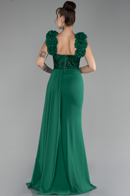 Emerald Green Slit Strap Flowers Long Chiffon Evening Gown ABU4272