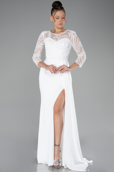 White Embroidered Capri Sleeve Slit Chiffon Evening Gown ABU4293