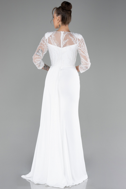 White Embroidered Capri Sleeve Slit Chiffon Evening Gown ABU4293
