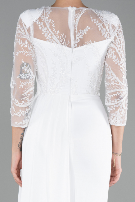 White Embroidered Capri Sleeve Slit Chiffon Evening Gown ABU4293